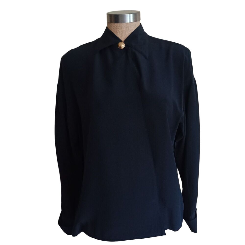 Vintage Austin Reed Women's Sz 8 100% Silk Blouse Black Quiet Luxury 90s